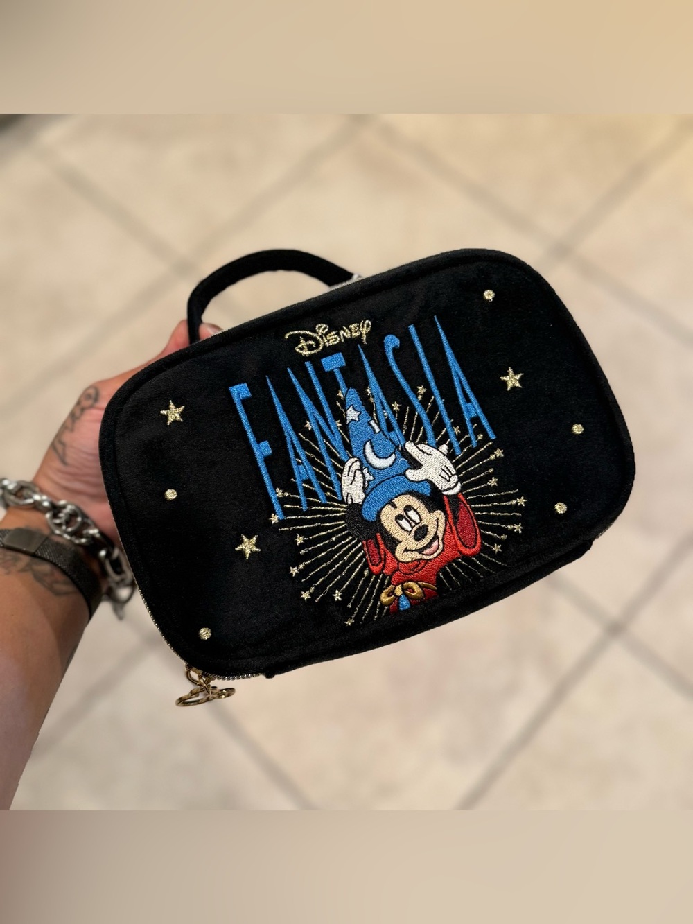 Disney Fantasia Mickey Mouse Black Velvet Cosmetic Wristlet with Gold Stars